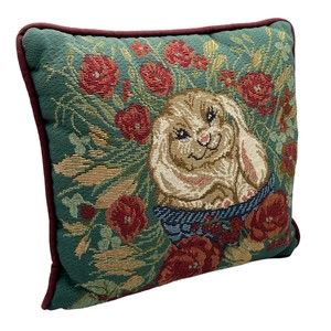 Portofino Tapestry Rabbit Pillow 12" x 12" Bunny Rabbit in Flowers Red Green